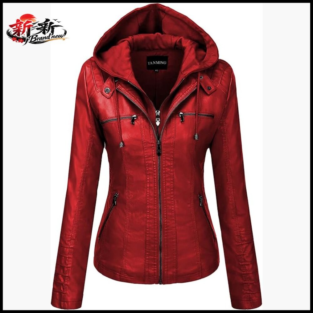 Faux Leather Jacket Hooded Moto Biker Coat Outerwear